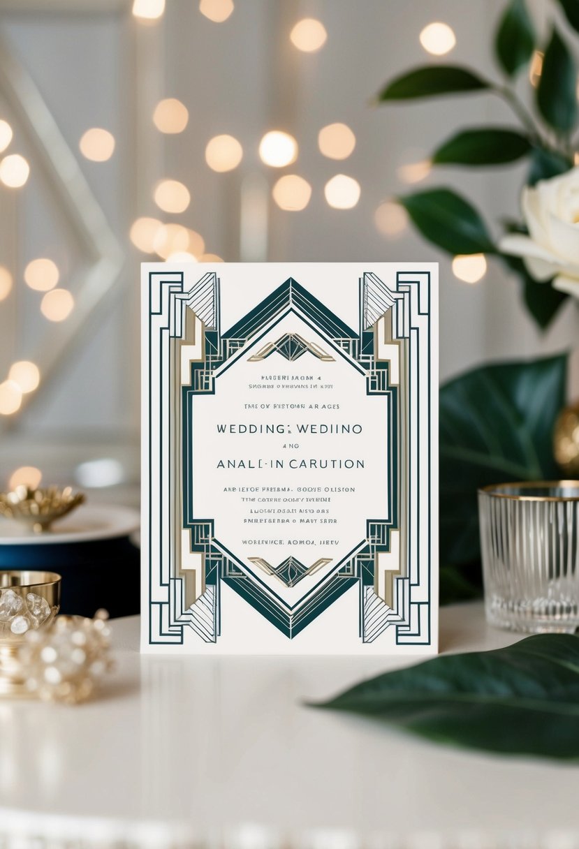 An elegant Art Deco design wedding announcement with geometric patterns and sleek lines, featuring a sophisticated color palette and ornate details