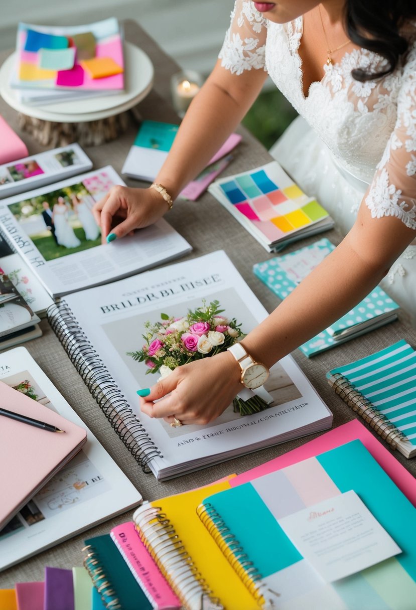 A bride-to-be surrounded by wedding magazines, notebooks, and colorful swatches, pinning ideas on a Pinterest board for her dream wedding