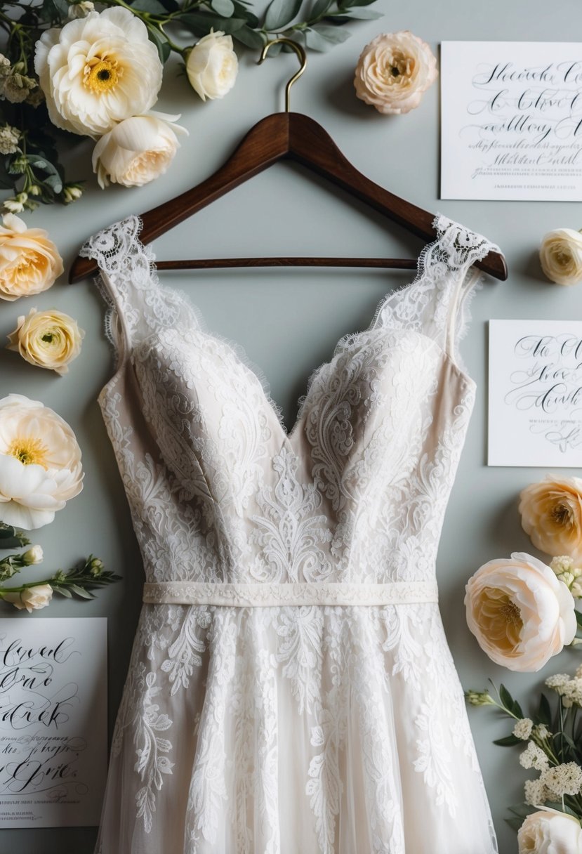 A delicate lace wedding dress hangs on a vintage hanger, surrounded by soft, romantic flowers and elegant calligraphy stationery