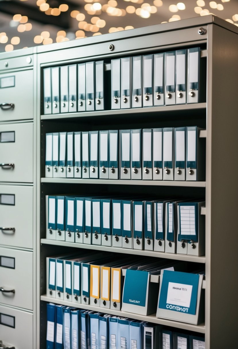 A neatly organized filing cabinet with labeled folders for each vendor contract