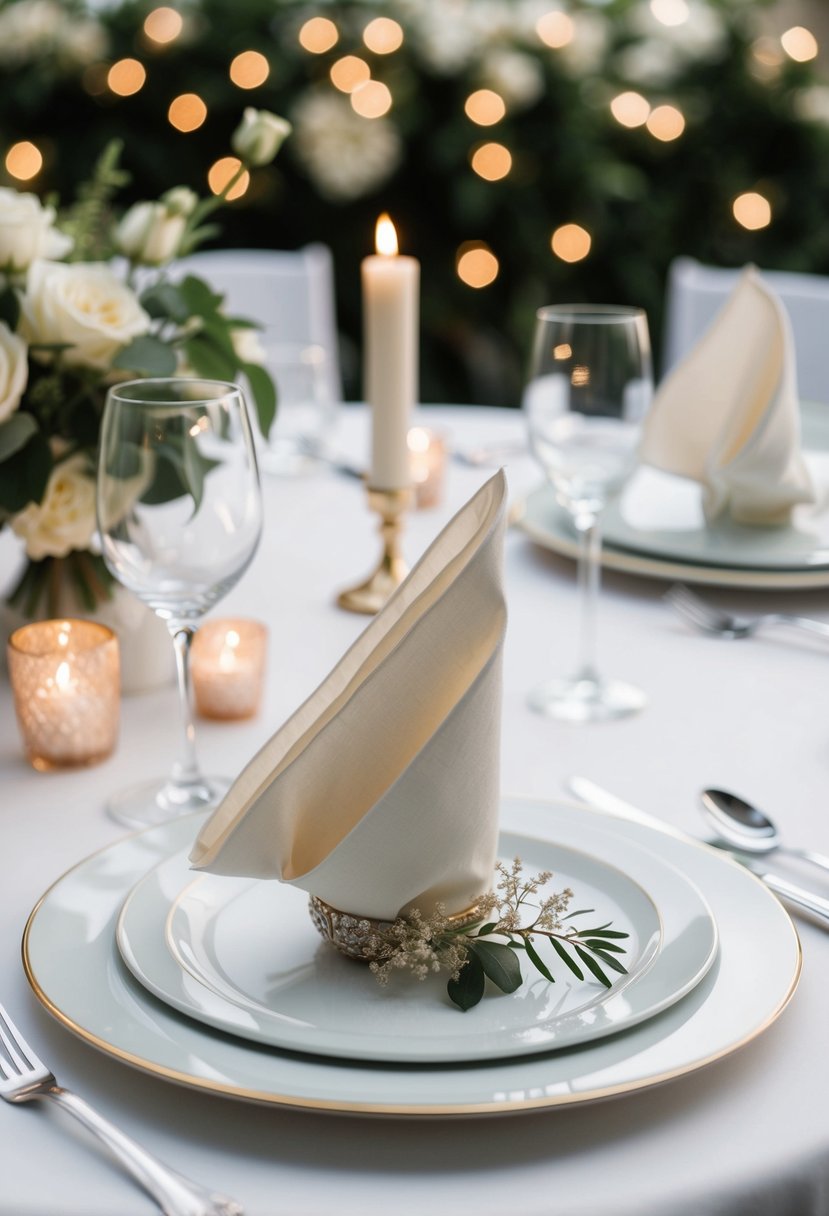 A table set with elegant wedding napkin folds and decorative accents