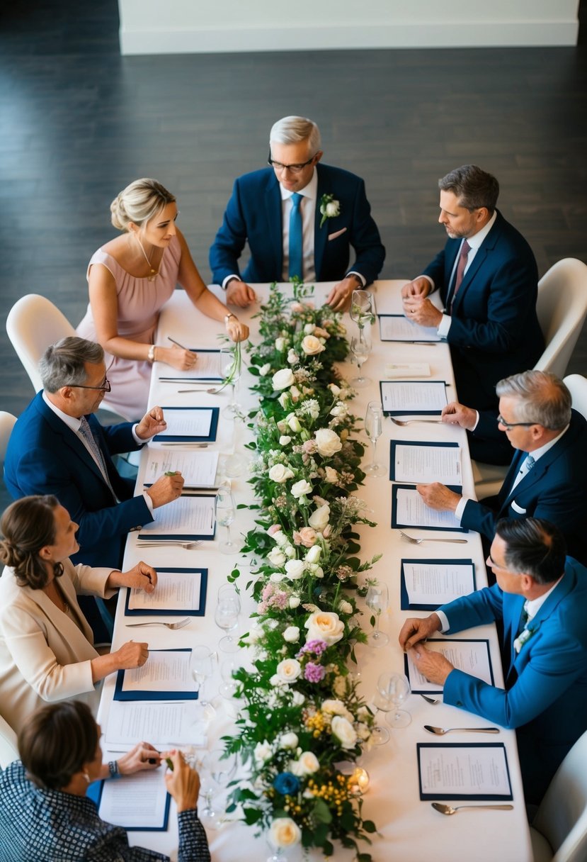 Family and friends gather around a table, each taking on different tasks for wedding planning. Decorations, seating arrangements, and food choices are being discussed and delegated