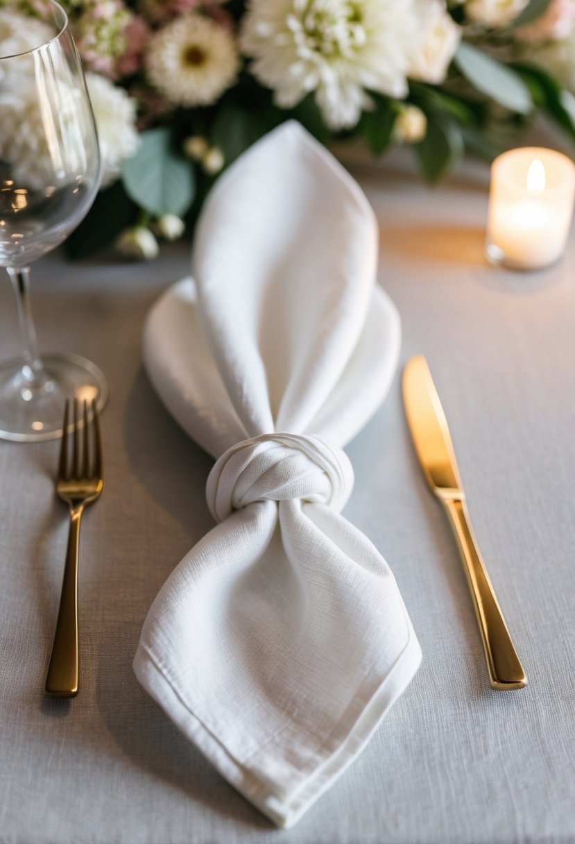 A white linen napkin is elegantly folded into a knotted design, sitting on a table with soft lighting and floral decor