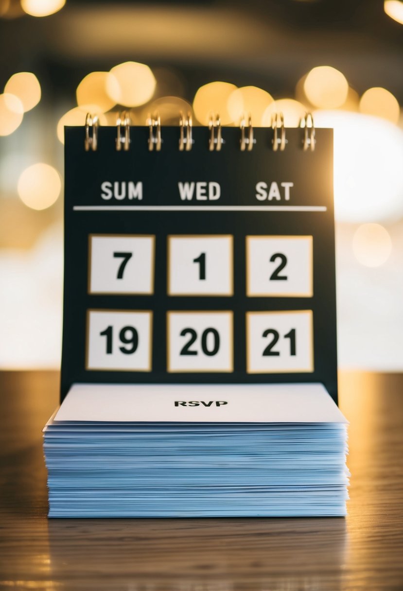 A calendar with highlighted dates and a stack of RSVP cards