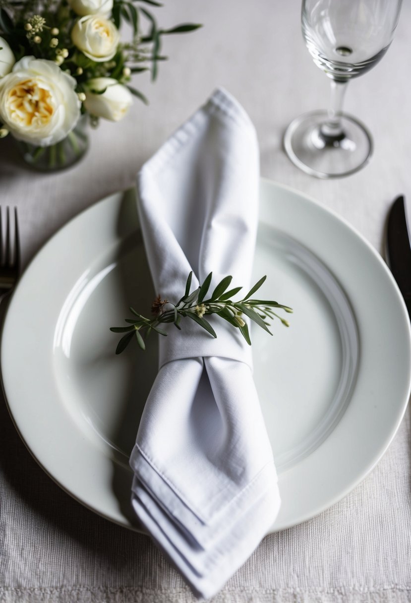 A white dinner plate wrapped in a napkin, folded in an elegant style for a wedding