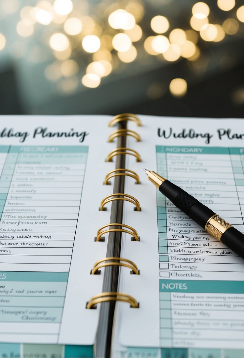 Two calendars side by side, with wedding planning notes and checklists. A pen hovers over the pages, ready to make changes