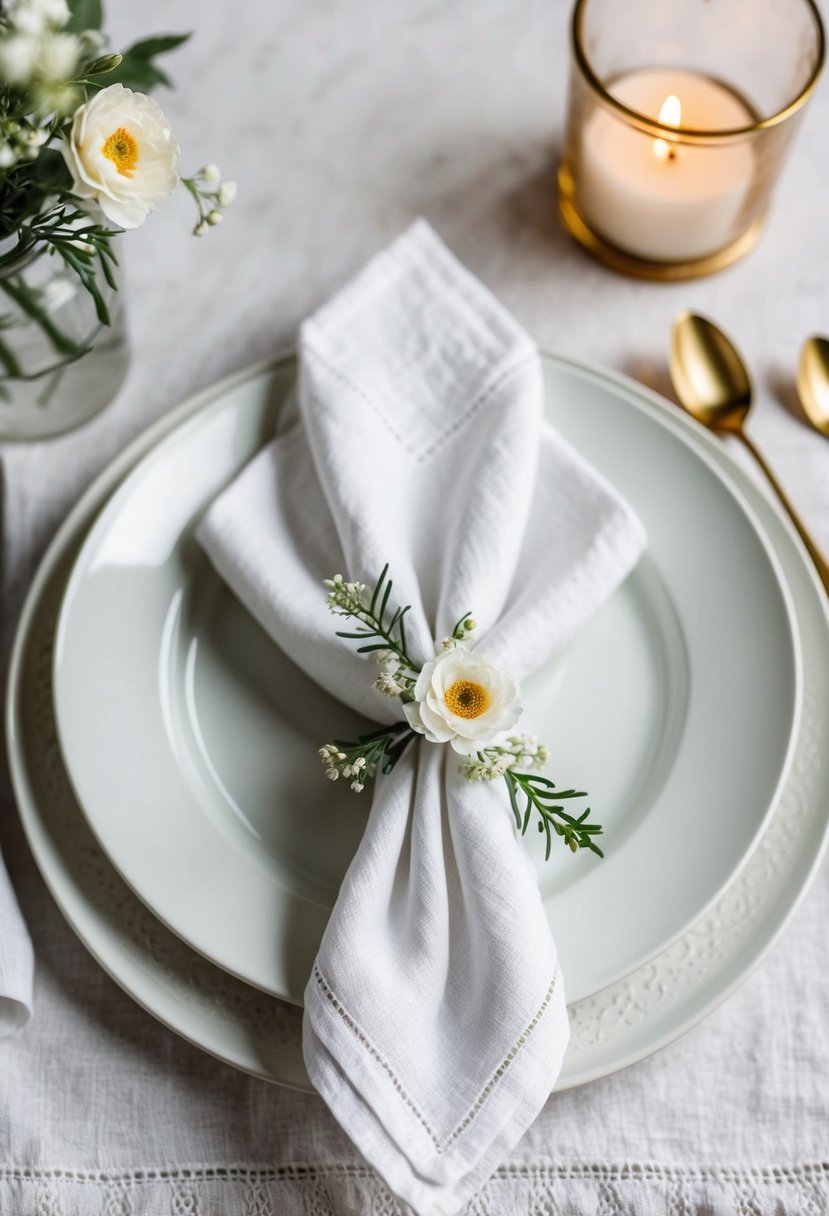 A white linen napkin loosely gathered and adorned with delicate floral accents