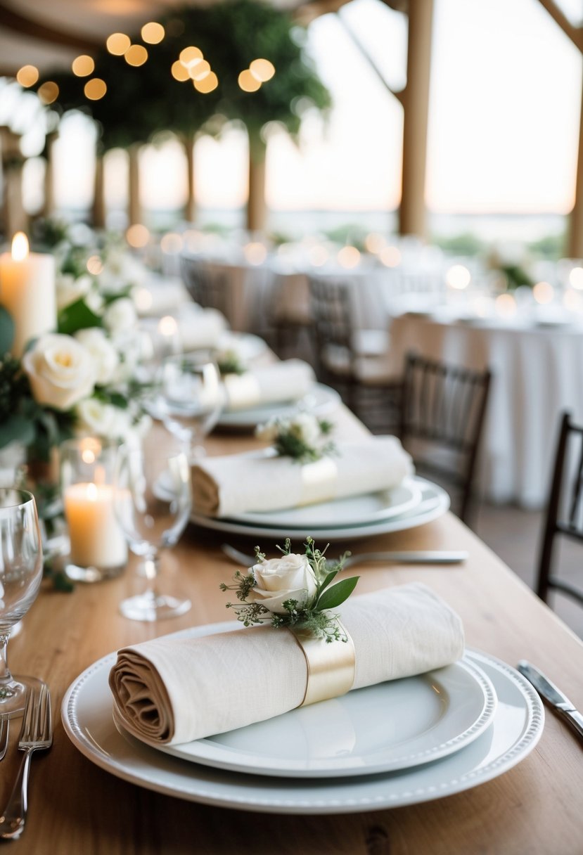 A table set with casually rolled napkins in a refined, elegant style for a wedding reception