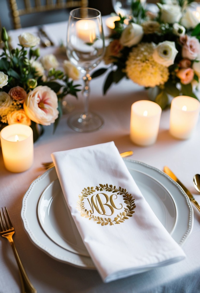 A table set with elegant white napkins featuring a foil-stamped monogram design, surrounded by floral centerpieces and softly glowing candles