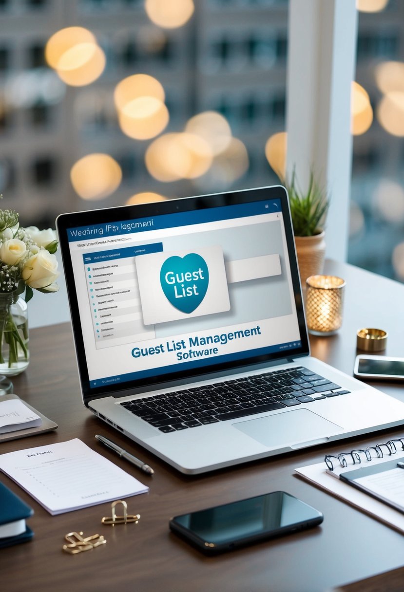 A laptop open on a desk displaying guest list management software, surrounded by wedding planning organization tips and tools