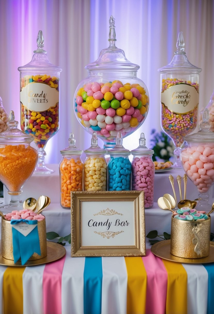 A colorful candy bar at a wedding reception, featuring jars of assorted sweets, decorative signage, and elegant serving utensils