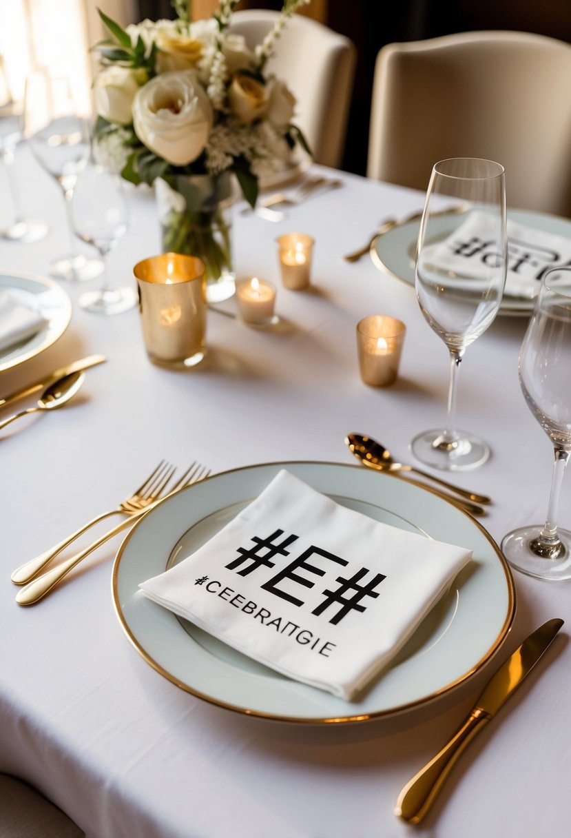 A table set with elegant napkins, each featuring a unique personalized hashtag design for a wedding celebration