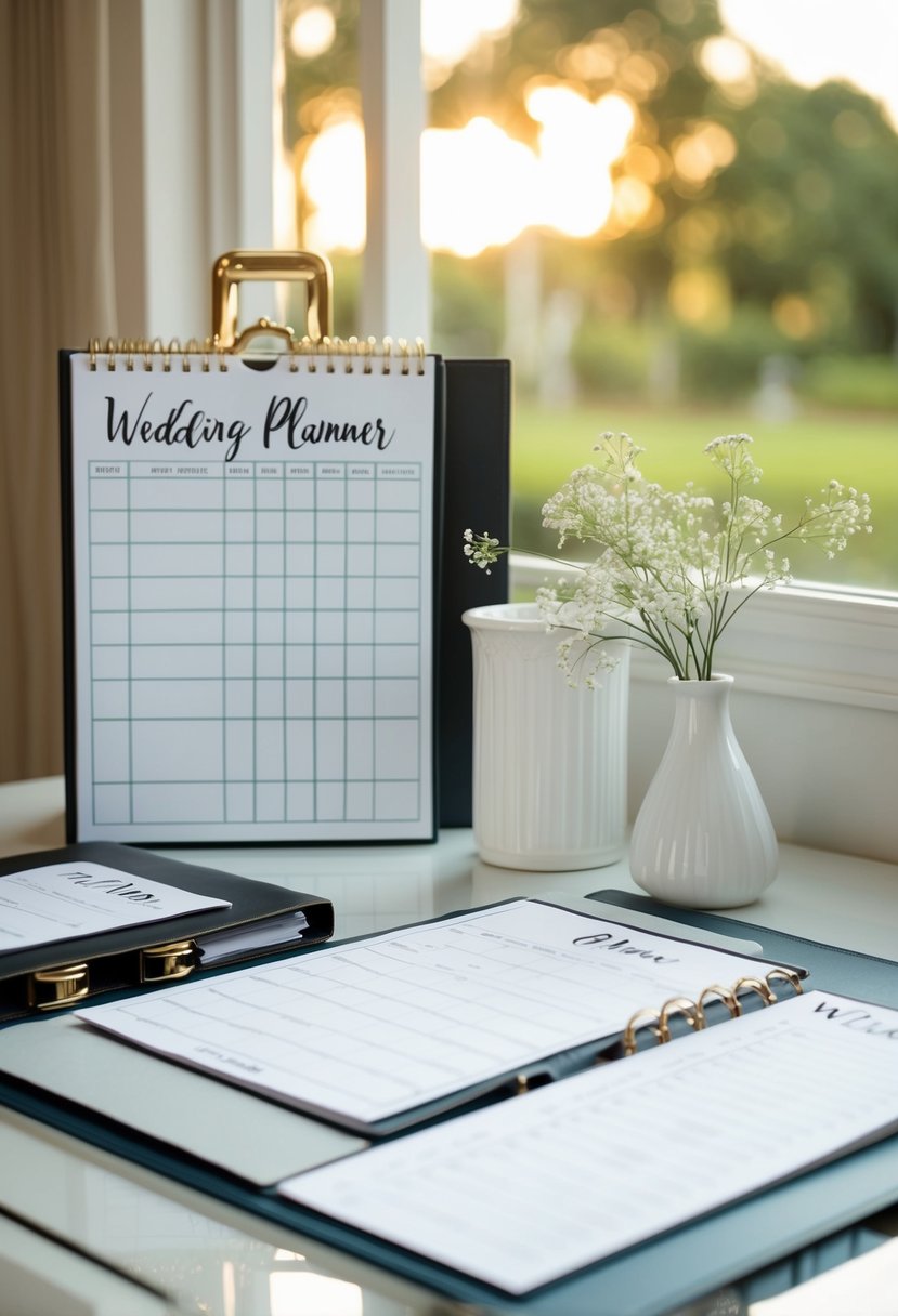 A wedding planner's desk with checklist, calendar, and binder