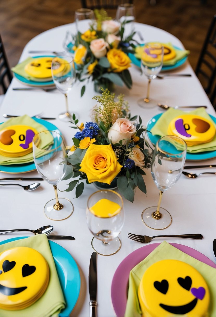 A table set with Bitmoji-themed wedding napkins, arranged neatly with coordinating place settings and floral centerpieces