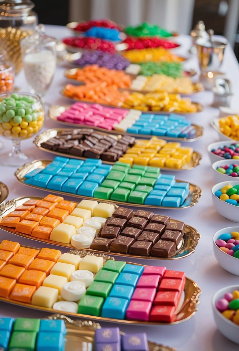 A vibrant display of color-themed candy bars arranged on a table for a wedding candy bar, creating a visually stunning and inviting scene