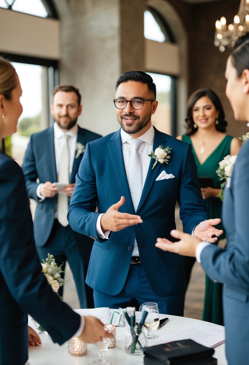 A wedding planner speaking with vendors, gesturing and sharing tips