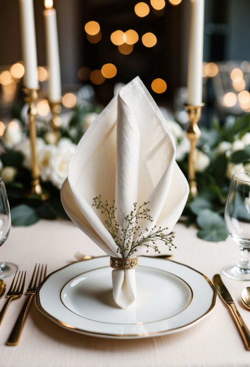 An elegant wedding napkin with deconstructed folds arranged in a stylish and intricate design