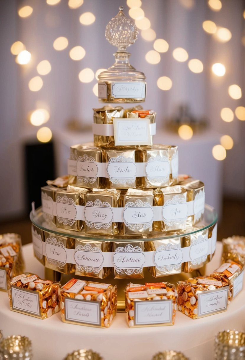 A wedding candy bar adorned with personalized candy wrappers and decorative accents