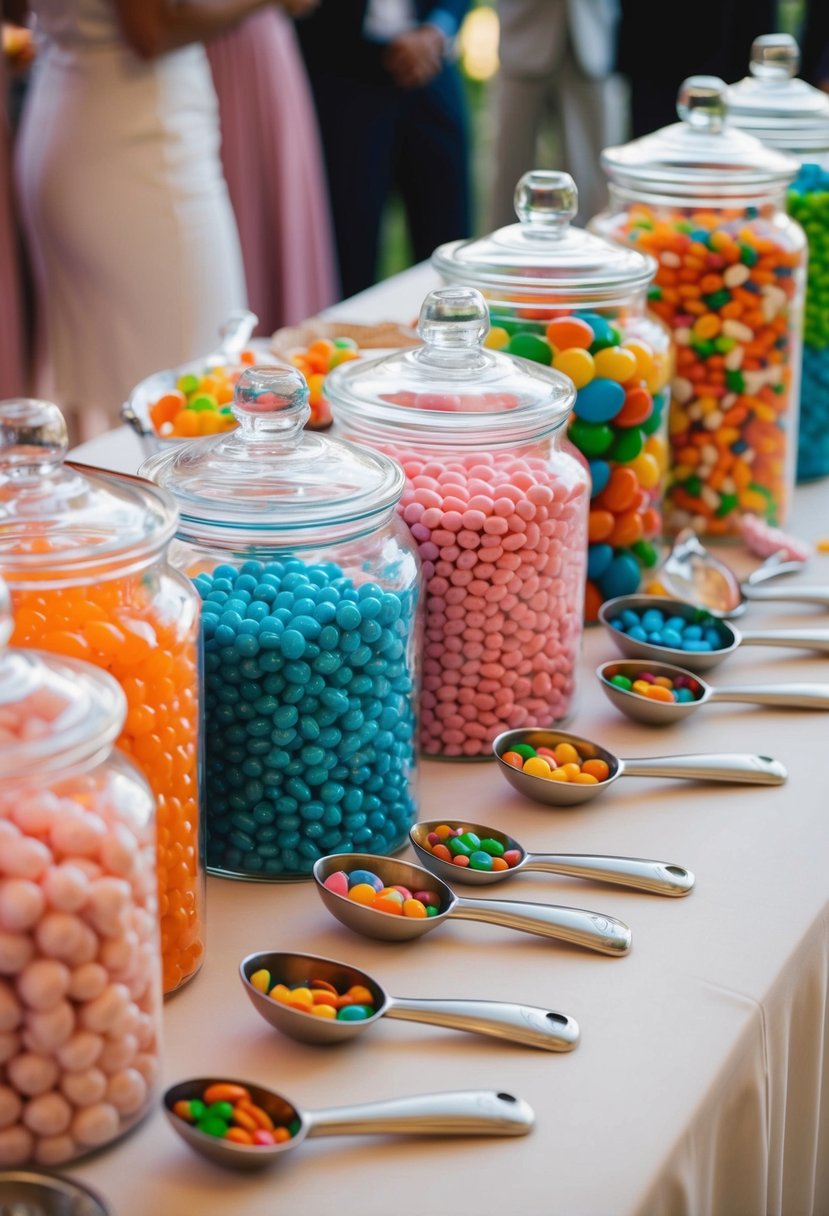 A table with various jars of colorful candies, scoops, and bags for guests to create their own candy mix at a wedding candy bar