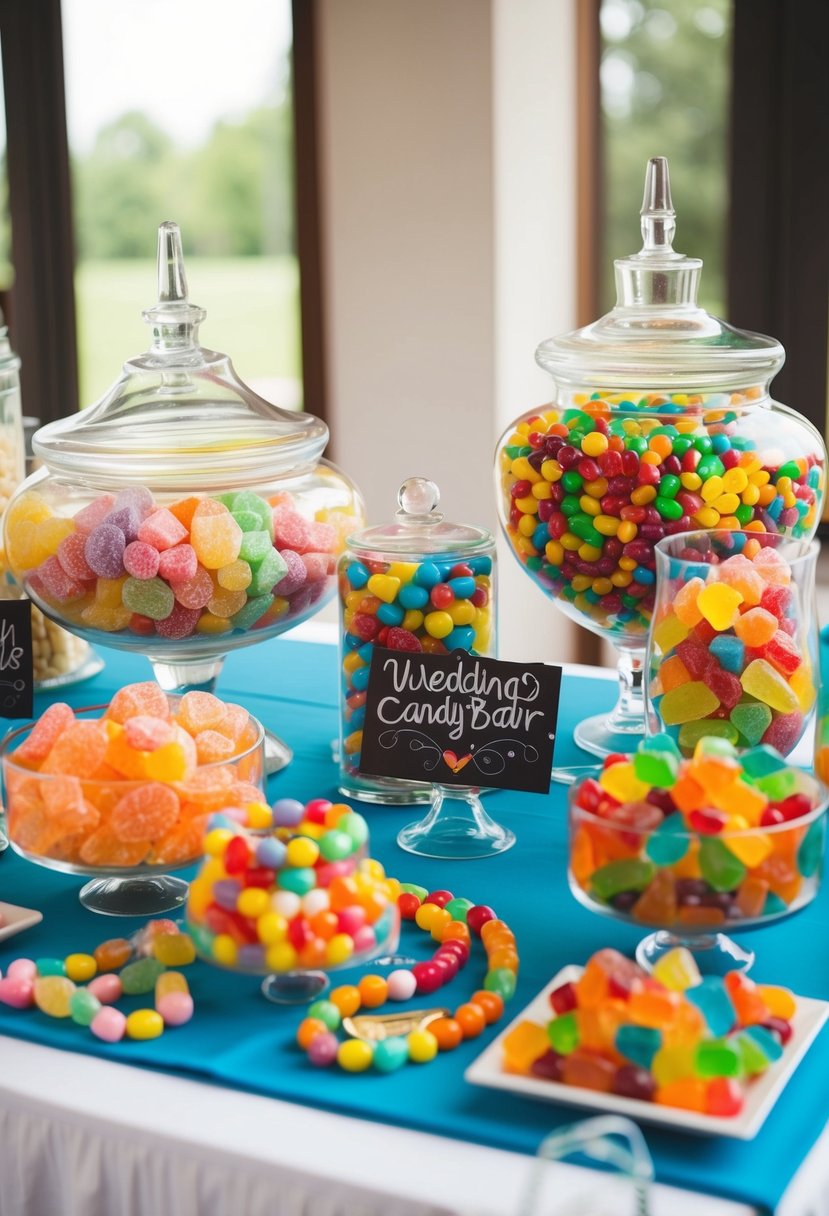 A colorful candy bar at a wedding, featuring nostalgic favorites like candy necklaces, rock candy, and gummy bears