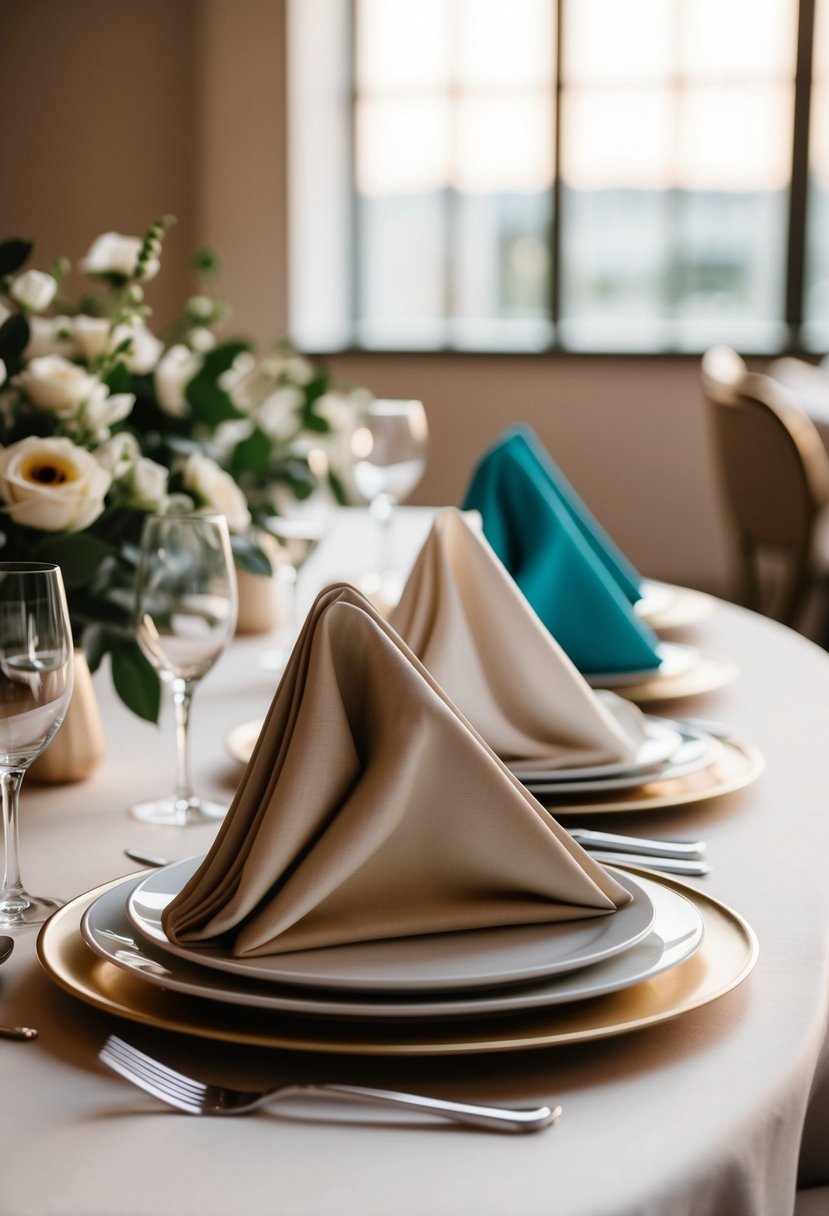 A table set with elegant, folded wedding napkins in various artistic and aesthetic designs