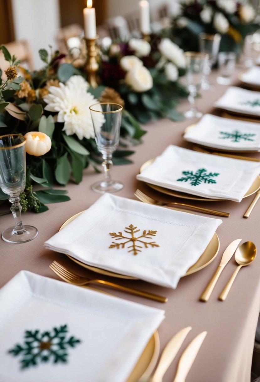 A table set with a variety of wedding napkins featuring seasonal themes such as flowers, leaves, and snowflakes