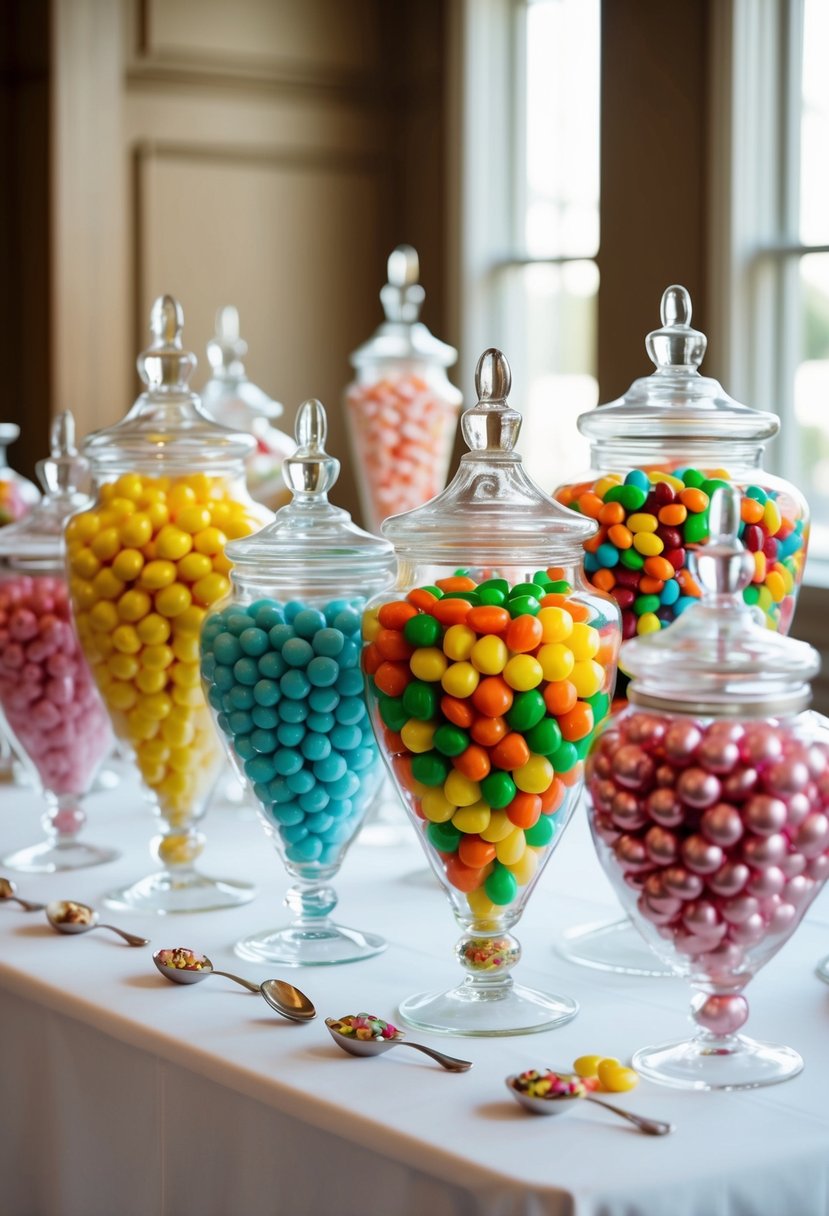 Elegant glass jars filled with colorful candy arranged on a white table for a wedding candy bar