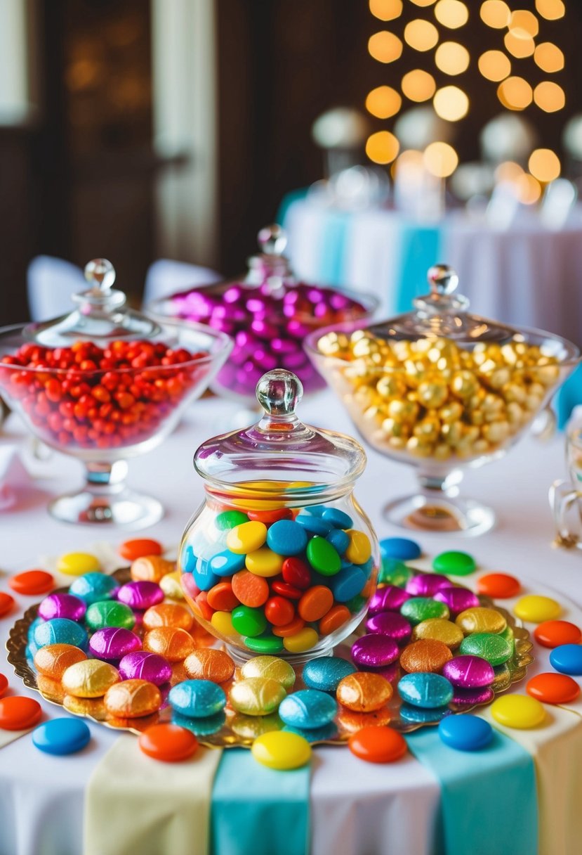 A colorful candy bar with assorted wedding favors arranged on a table