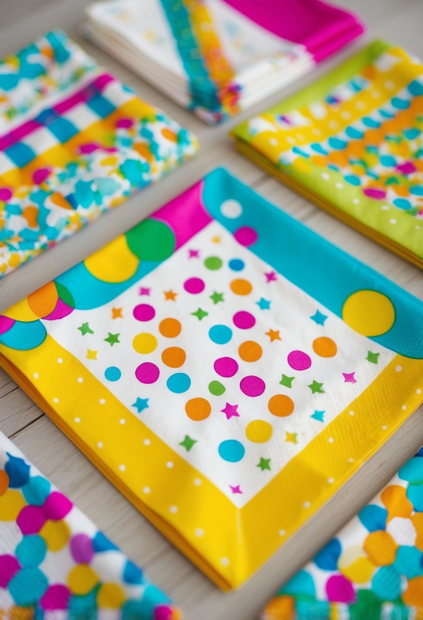 Colorful, whimsical wedding napkin designs featuring playful patterns, confetti, and celebratory motifs