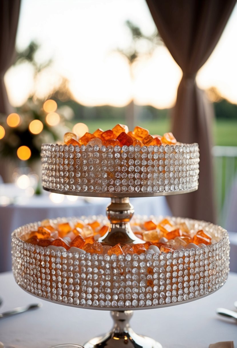 A candy bar adorned with sparkling candy crystals in a wedding setting