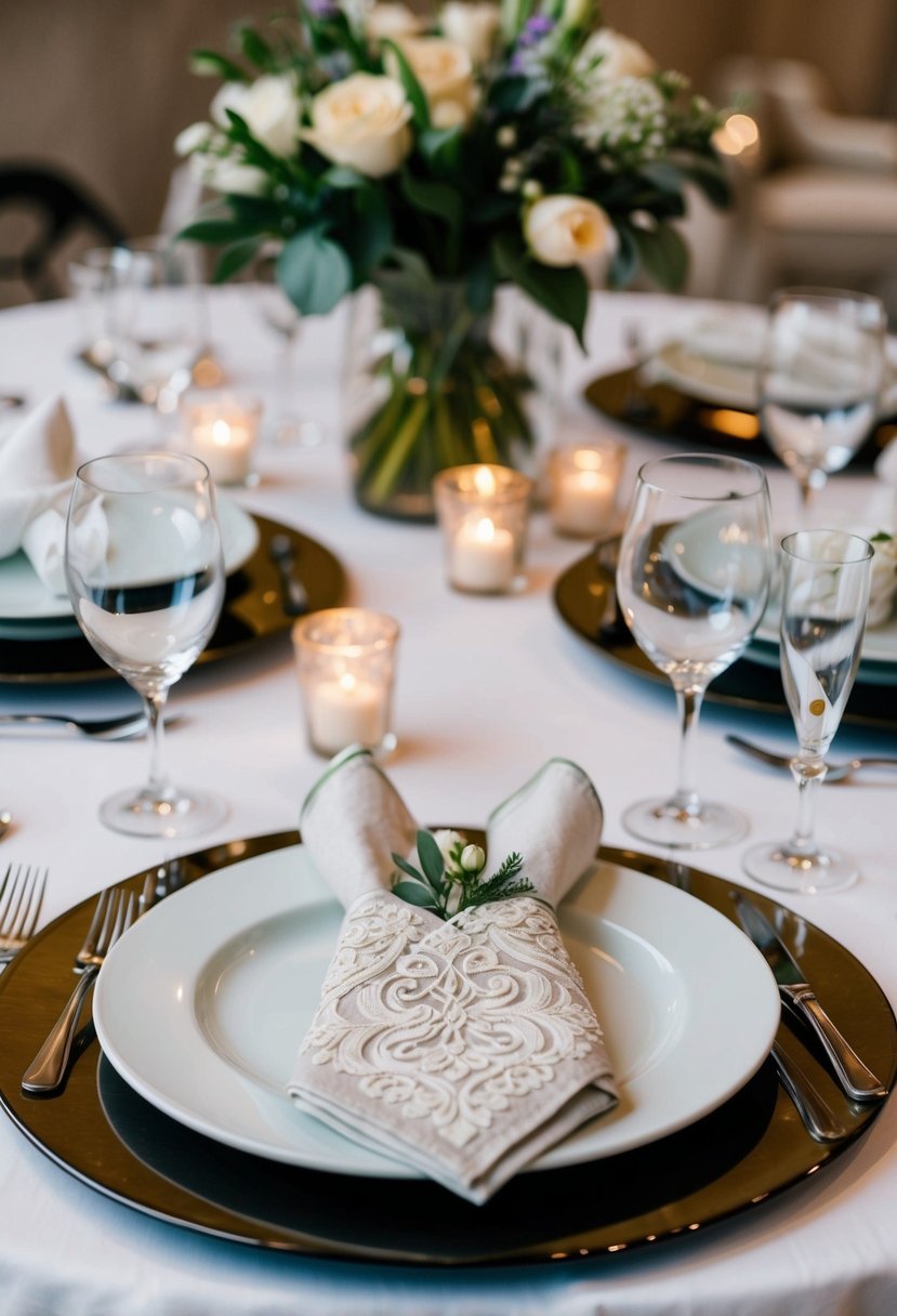 A table set with romantic and sentimental napkin folds for a wedding, featuring intricate and elegant designs