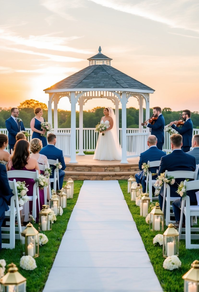 A serene outdoor ceremony with a white gazebo, blooming flowers, and elegant seating. A string quartet plays in the background as the sun sets