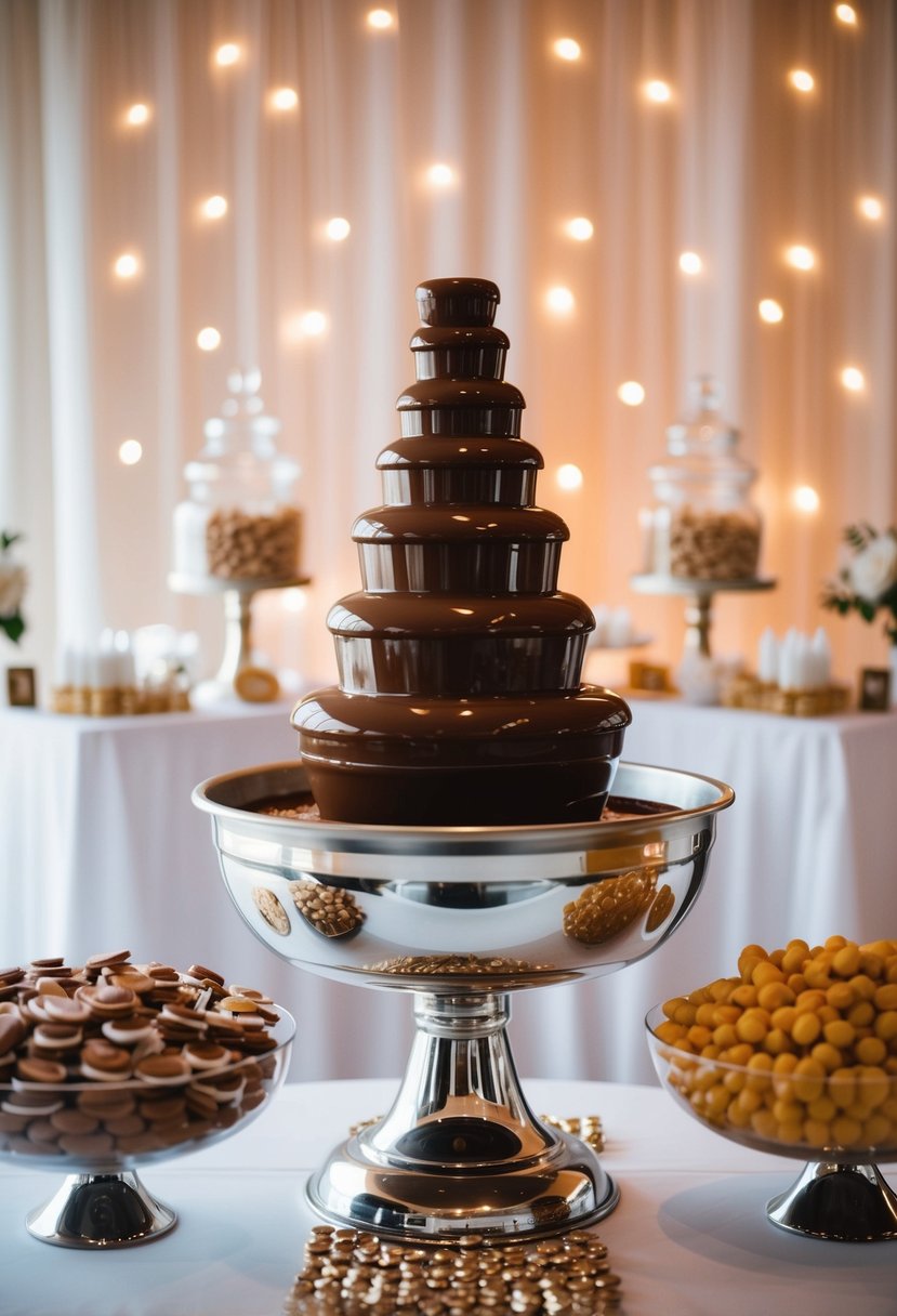 A wedding reception with a chocolate fountain as the centerpiece of a candy bar