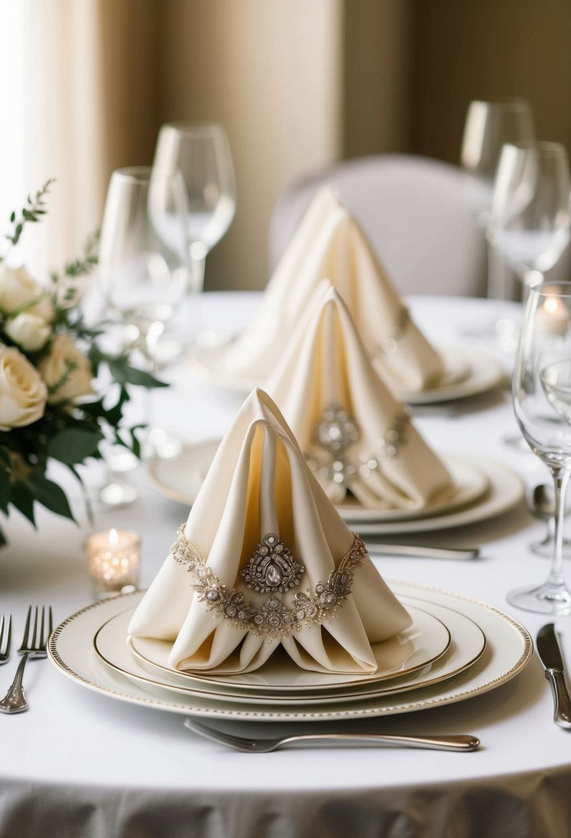 A table set with elegantly folded napkins adorned with intricate designs and delicate embellishments, creating a beautiful and memorable touch for a wedding celebration