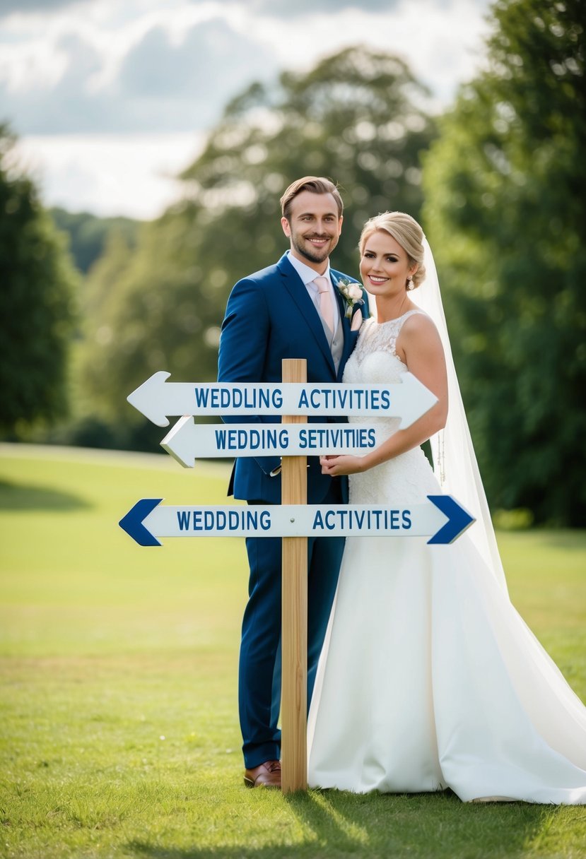 A bride and groom stand at a signpost with arrows pointing to different wedding activities, indicating clear communication and setting expectations for guests