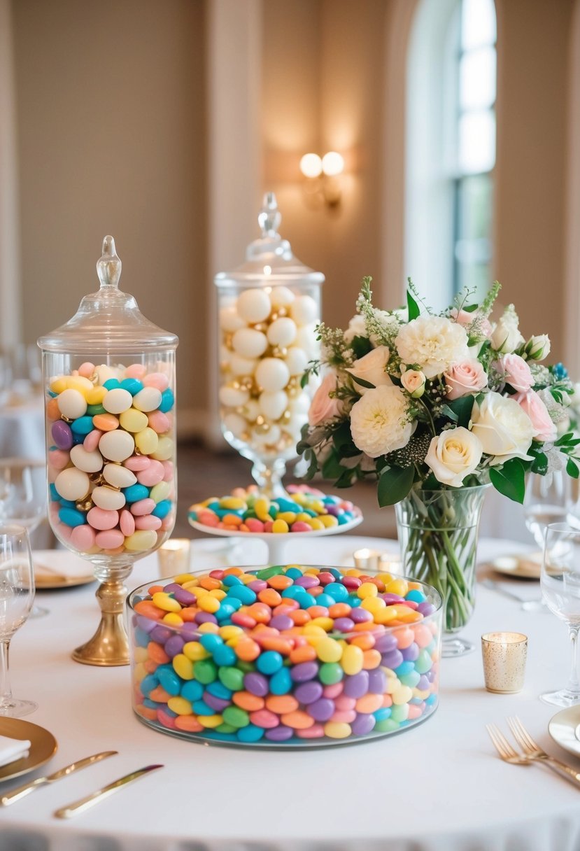 A colorful candy bar blends with elegant wedding flowers, creating a sweet and sophisticated wedding reception centerpiece