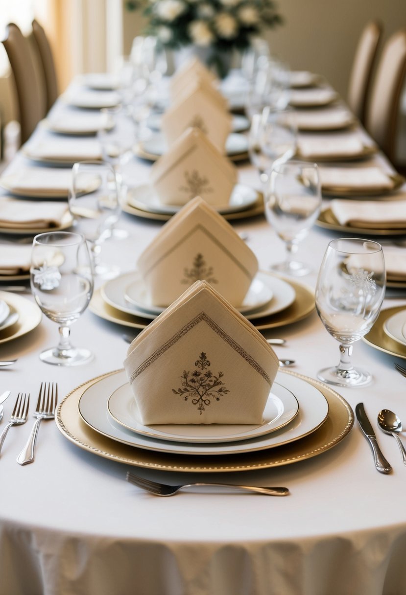 A table set with traditional and classic wedding napkin styles, arranged in an elegant and symmetrical display