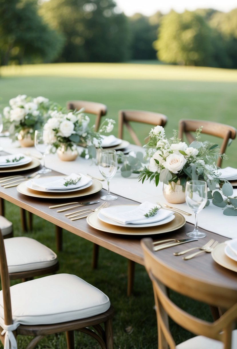 A table set for an intimate outdoor wedding, with carefully selected place settings and simple, elegant decor