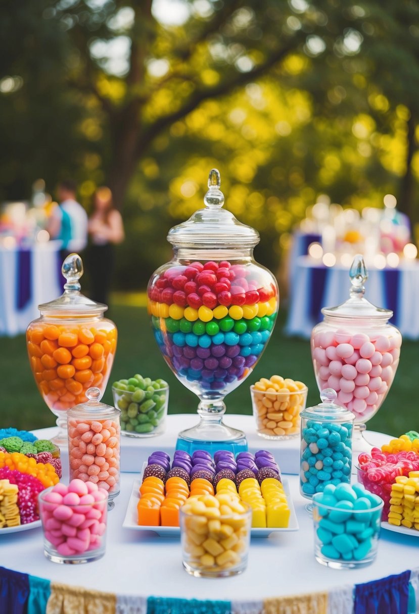 A vibrant candy bar with colorful sweets arranged on a table for a wedding celebration