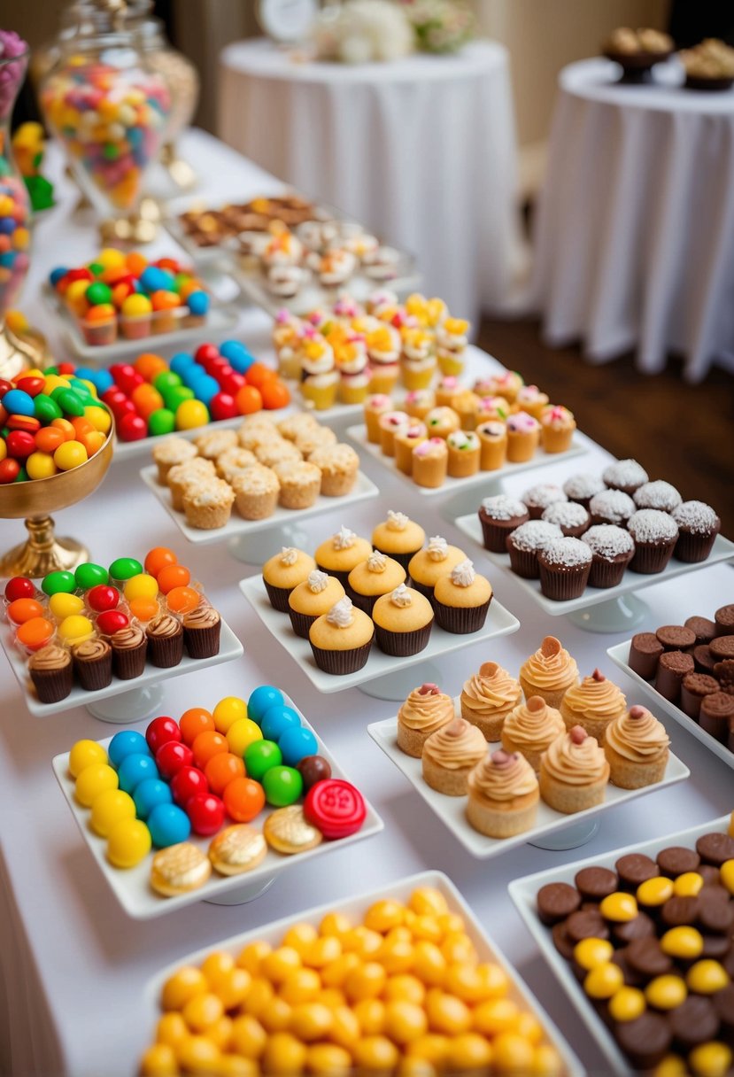 A colorful array of candies and mini baked treats arranged on a table for a wedding candy bar display