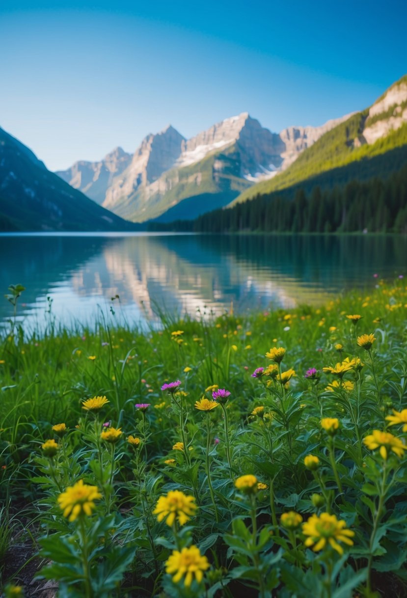 A serene lakeside with a lush green meadow and a backdrop of majestic mountains, accented by colorful wildflowers and a clear blue sky