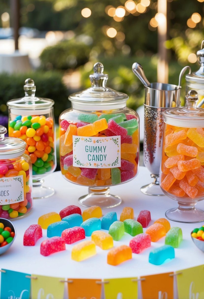 A colorful array of gummy candies arranged on a wedding candy bar, with jars, scoops, and decorative signage