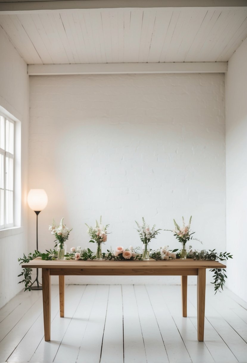 A serene, white-washed room with a single, long wooden table adorned with a few simple, elegant floral arrangements and soft, ambient lighting