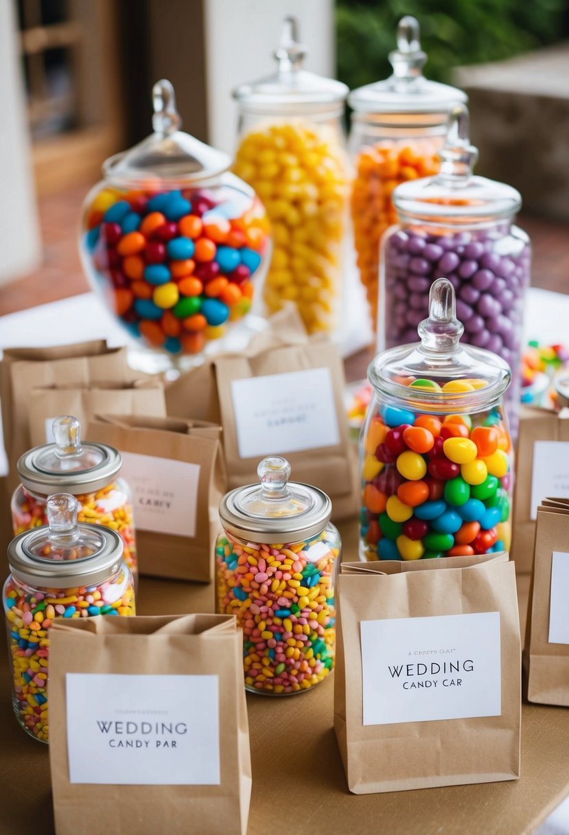 A table with custom-branded candy bags and jars filled with colorful sweets for a wedding candy bar