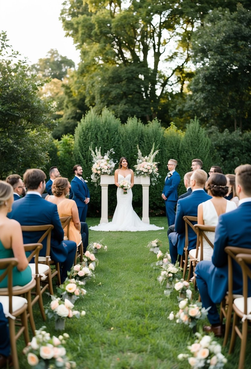 A small, cozy outdoor wedding with a handful of guests seated in a circle around a simple, elegant altar adorned with flowers