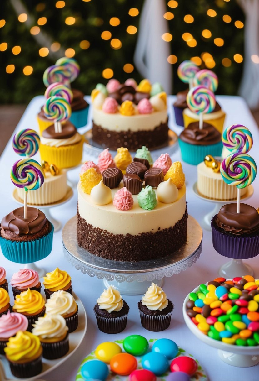 A colorful candy and dessert spread with cakes, cupcakes, chocolates, and lollipops arranged on a decorated table for a wedding celebration