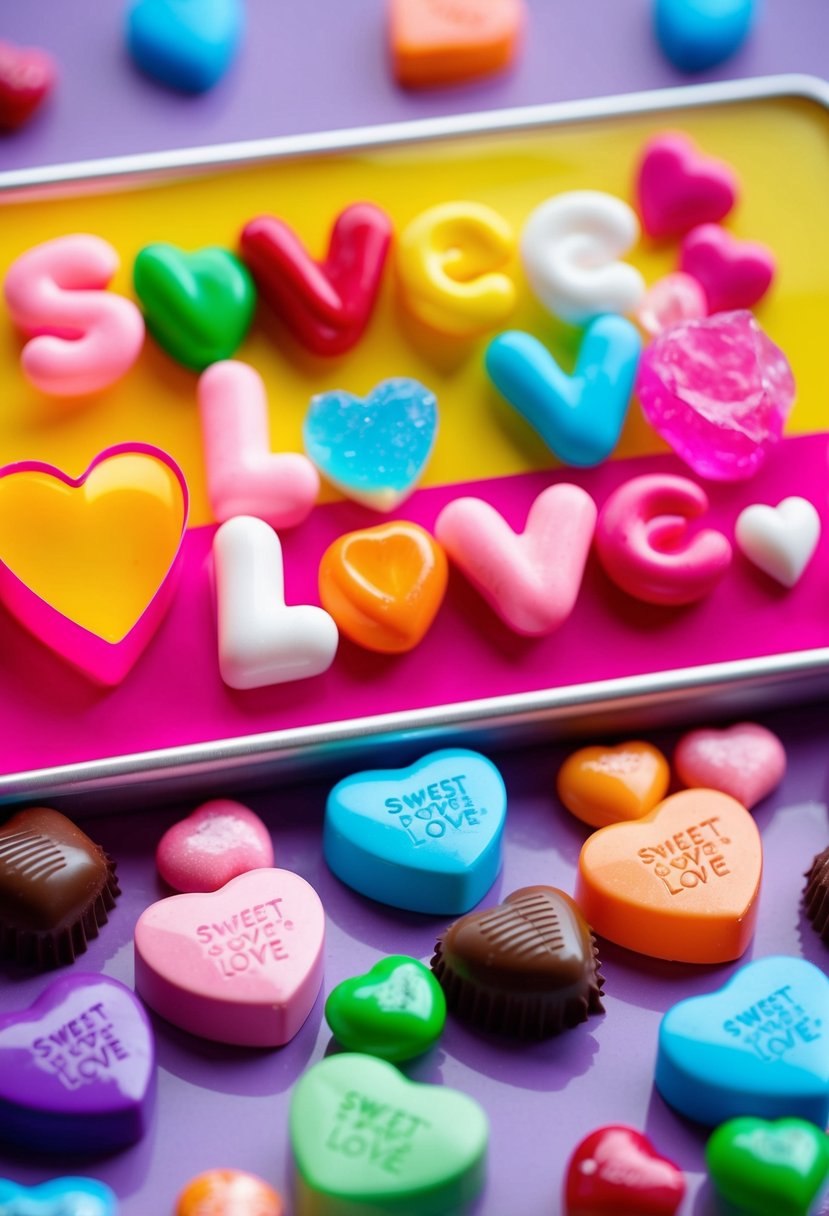 A colorful candy bar with heart-shaped candies and a large sign spelling out "sweet love" in various types of candy