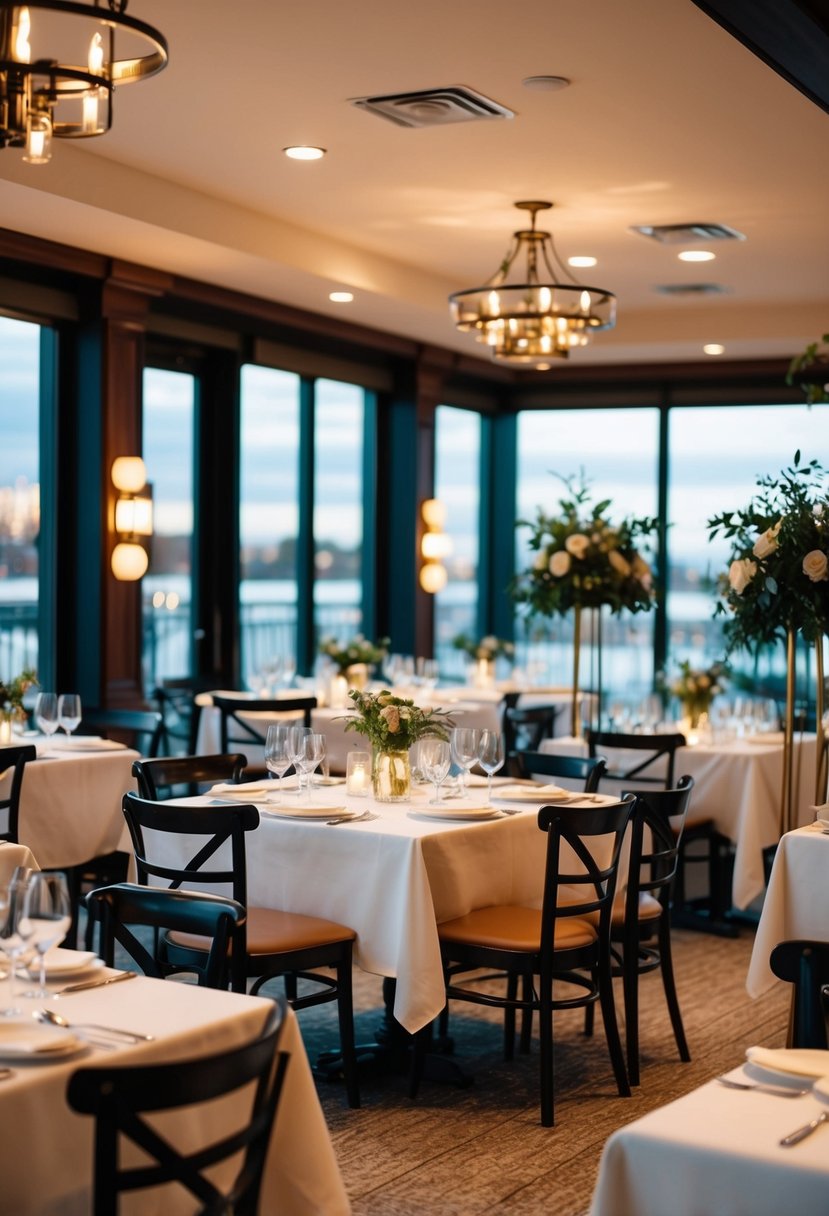 A cozy restaurant with elegant table settings, soft lighting, and a small stage for speeches