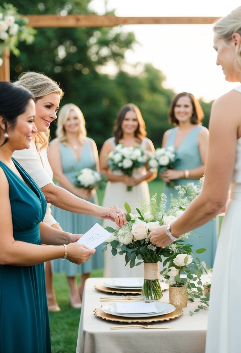 A day-of coordinator organizing wedding details at a simple outdoor ceremony