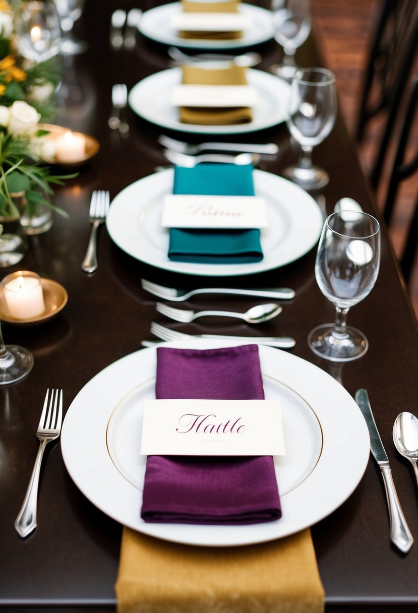 A dining table set with five place settings, each with a different colored napkin and a personalized place card